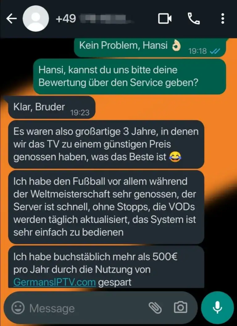 WhatsApp-Screenshot von Henry, der sich beim iptvabo24.de-Support bedankt