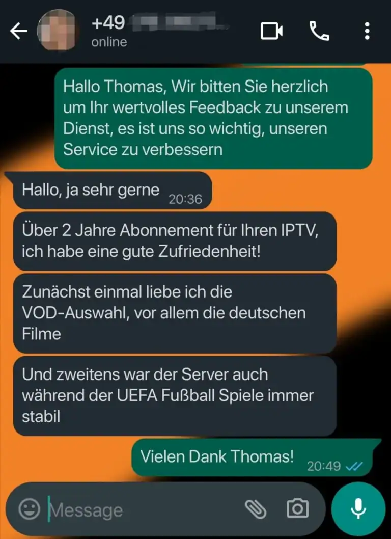 WhatsApp-Screenshot von Harper, der iptvabo24.de empfiehlt