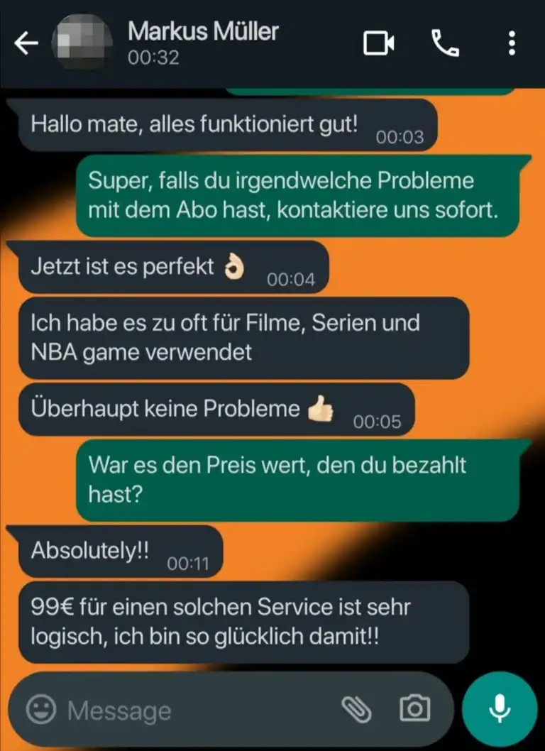 WhatsApp-Screenshot von Oliver, der die Zuverlässigkeit von iptvabo24.de lobt