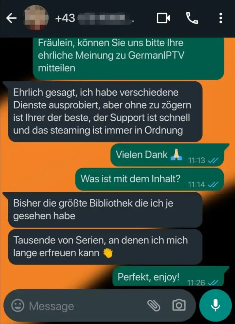 WhatsApp-Screenshot von Harper, der iptvabo24.de empfiehlt