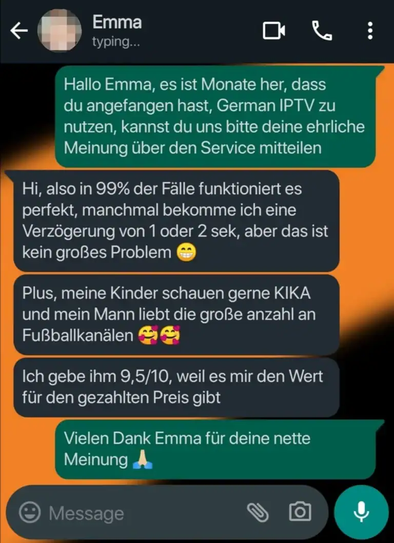 WhatsApp-Screenshot von Nicole, die das iptvabo24.de-Abonnement empfiehlt